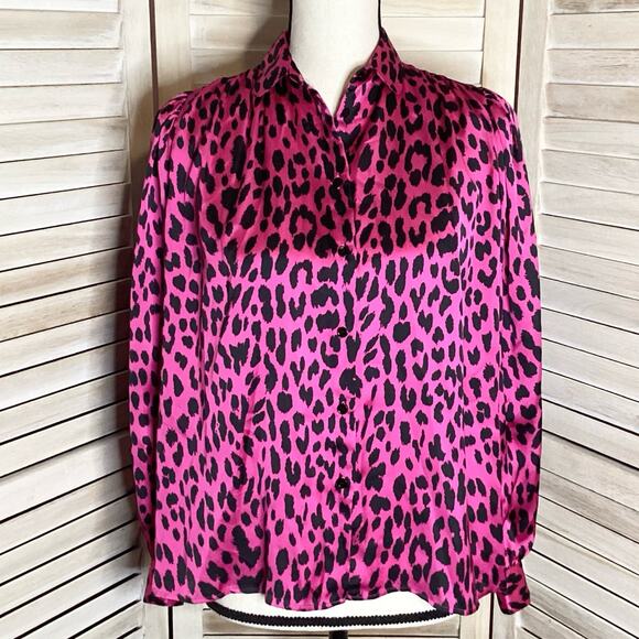 Maje Fuchsia Pink Leopard Silky Gathered Shoulder Peter Pan Collar Blouse XS - Picture 5 of 12